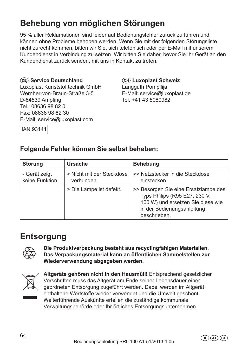 Garantie, Behebung von möglichen störungen, Entsorgung | Folgende fehler können sie selbst beheben | Silvercrest SRL 100 A1 User Manual | Page 64 / 72