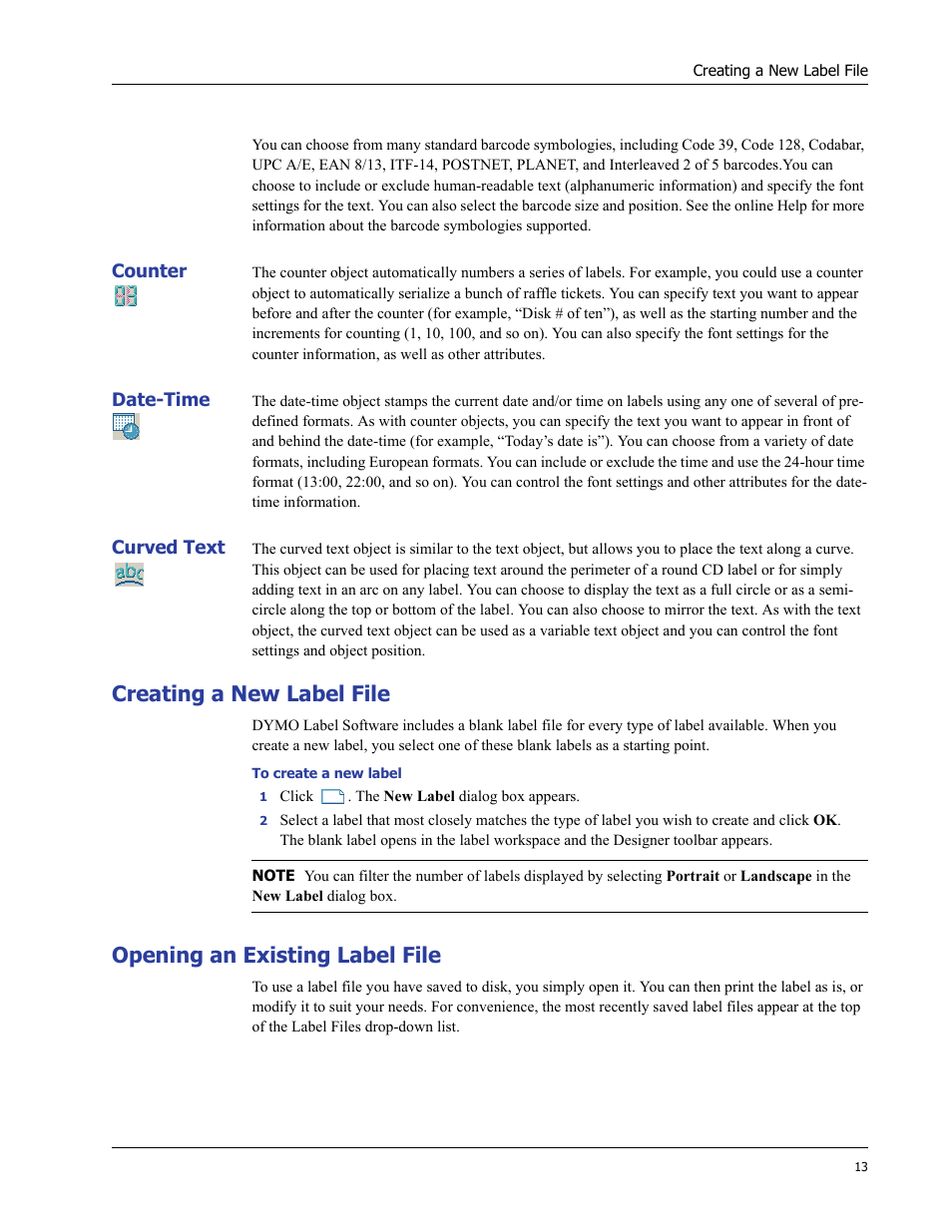 Creating a new label file, Opening an existing label file | Dymo LabelWriter 400 Turbo User Manual | Page 17 / 54