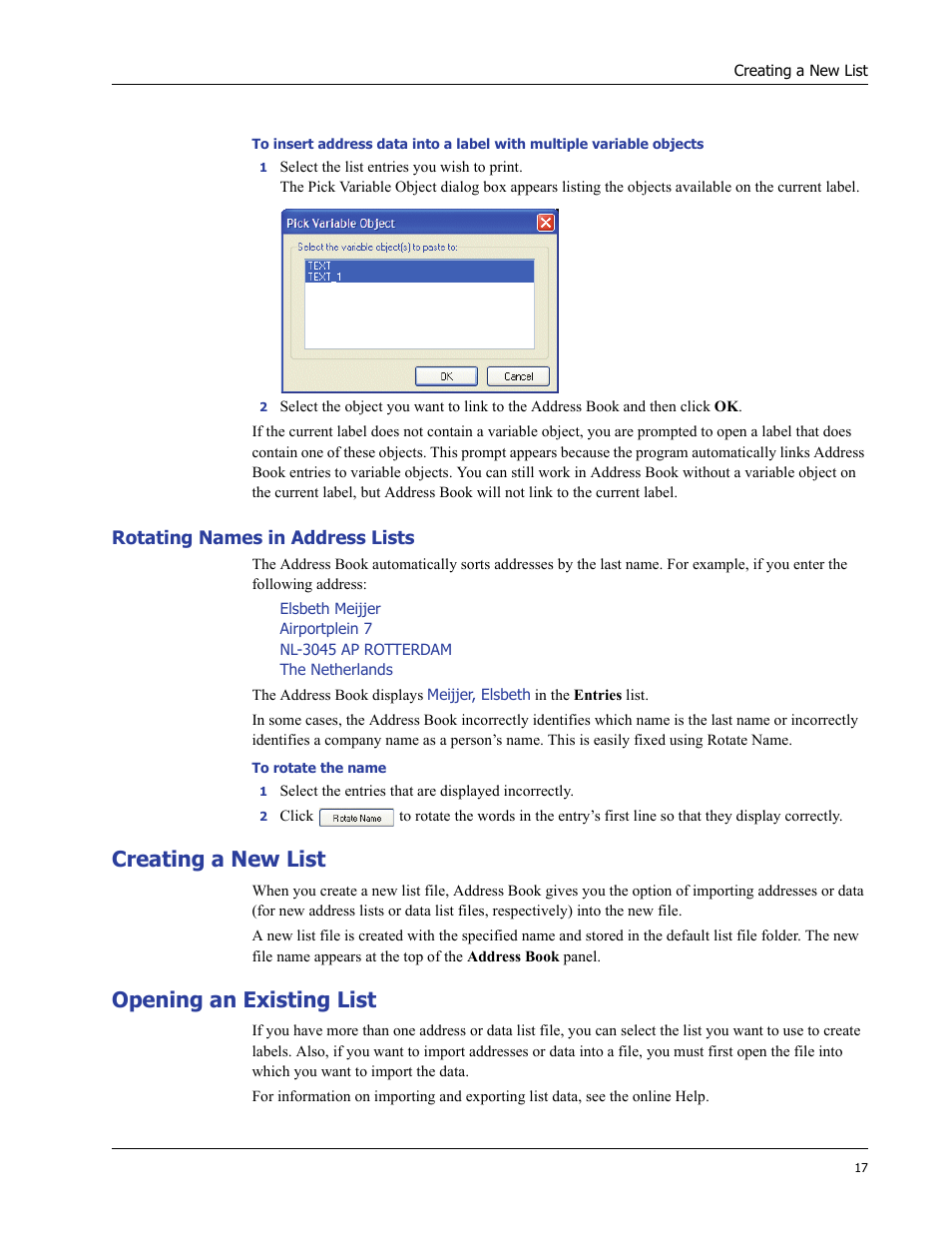 Rotating names in address lists, Creating a new list, Opening an existing list | Dymo LabelWriter 400 Turbo User Manual | Page 21 / 54