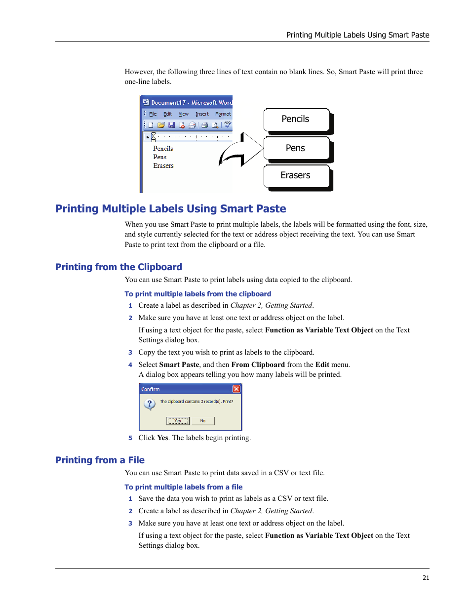 Printing multiple labels using smart paste, Printing from the clipboard, Printing from a file | Dymo LabelWriter 400 Turbo User Manual | Page 25 / 54