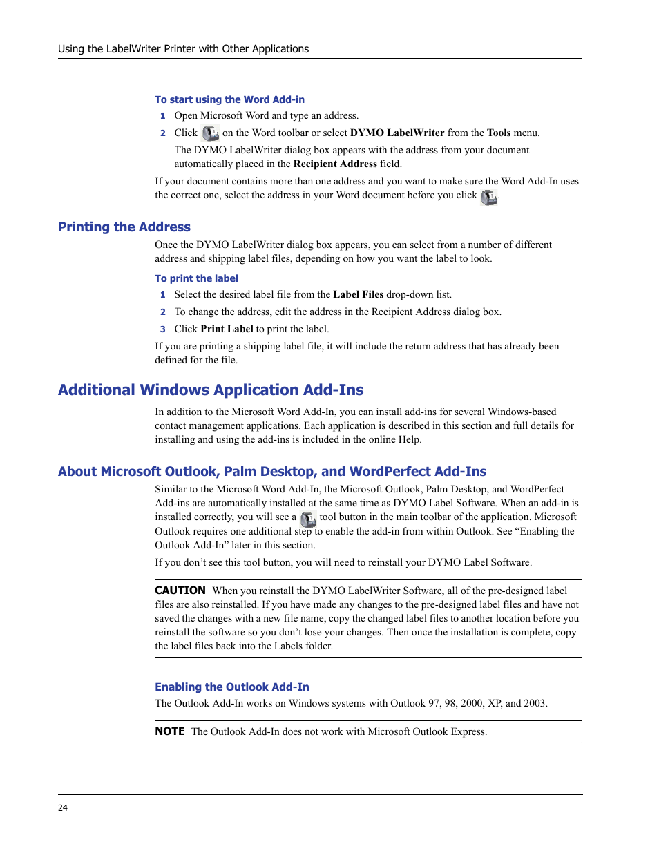 Printing the address, Additional windows application add-ins | Dymo LabelWriter 400 Turbo User Manual | Page 28 / 54