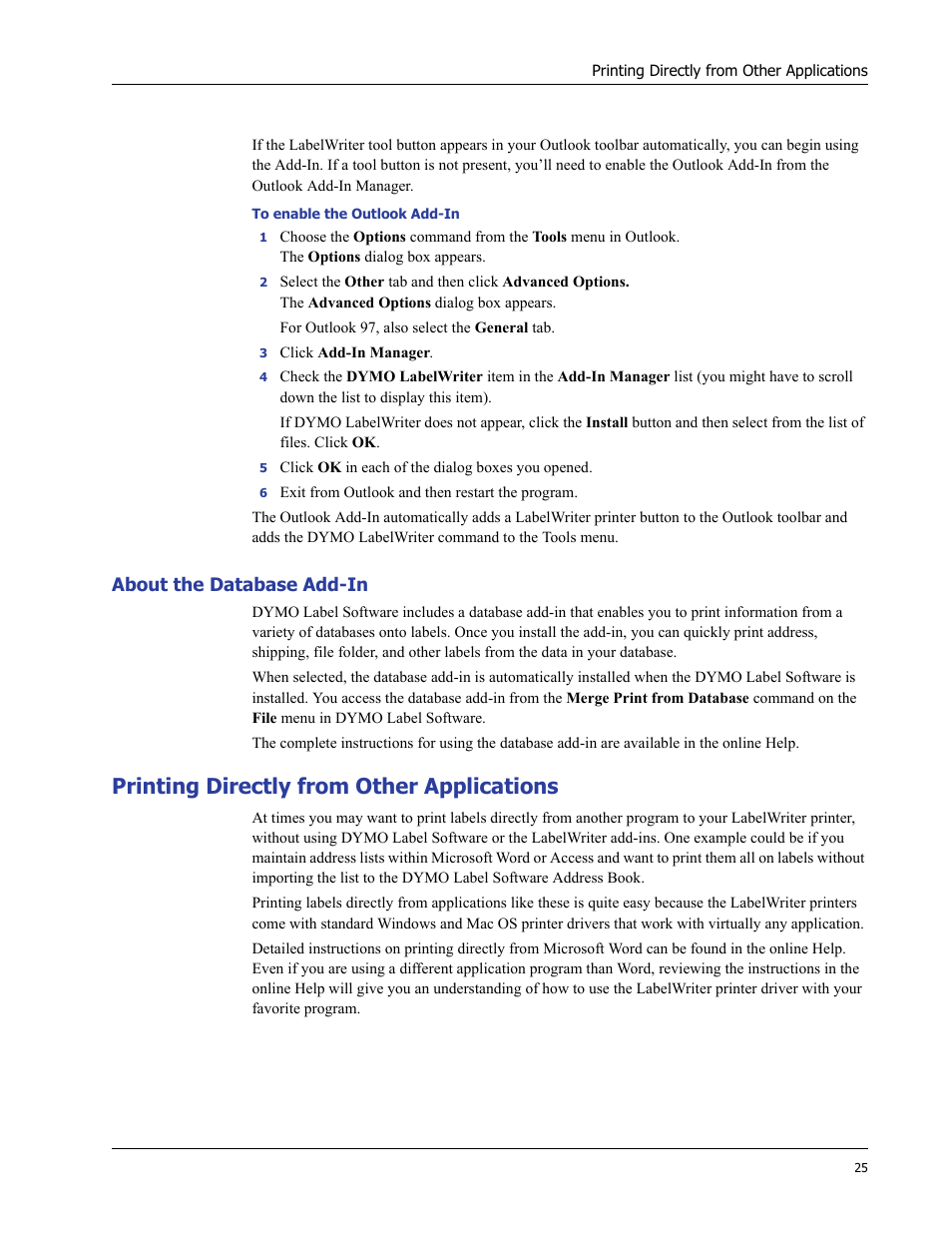 About the database add-in, Printing directly from other applications | Dymo LabelWriter 400 Turbo User Manual | Page 29 / 54