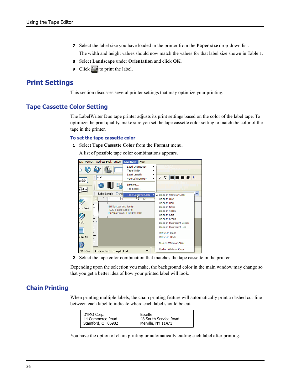 Print settings, Tape cassette color setting, Chain printing | Dymo LabelWriter 400 Turbo User Manual | Page 40 / 54