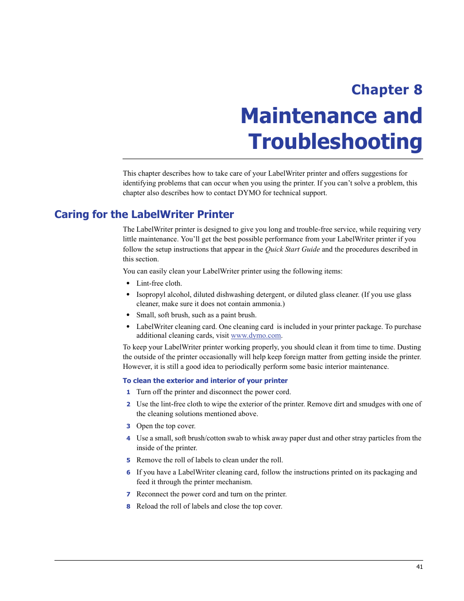 Maintenance and troubleshooting, Caring for the labelwriter printer, Chapter 8 | Dymo LabelWriter 400 Turbo User Manual | Page 45 / 54