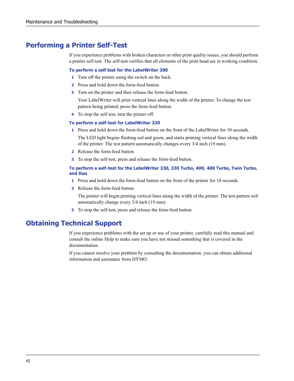 Performing a printer self-test, Obtaining technical support | Dymo LabelWriter 400 Turbo User Manual | Page 46 / 54