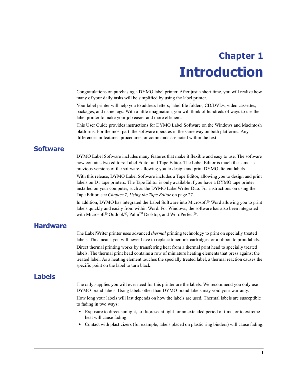 Introduction, Software, Hardware | Labels, Chapter 1 | Dymo LabelWriter 400 Turbo User Manual | Page 5 / 54