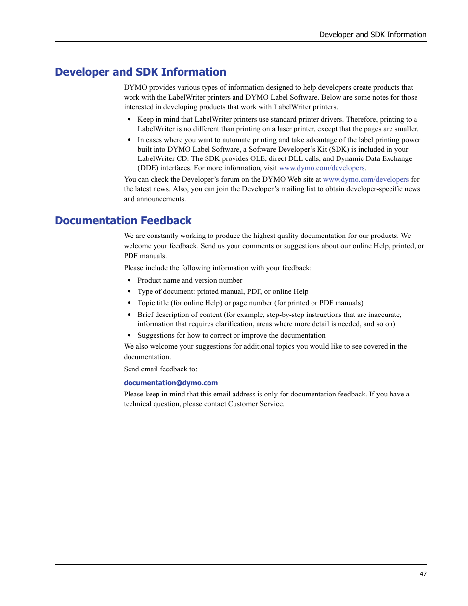 Developer and sdk information, Documentation feedback | Dymo LabelWriter 400 Turbo User Manual | Page 51 / 54