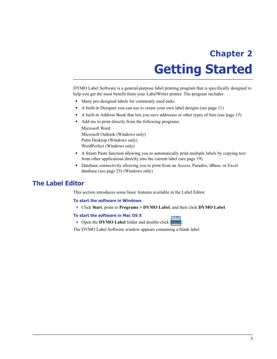 Getting started, The label editor, Chapter 2 | Dymo LabelWriter 400 Turbo User Manual | Page 7 / 54