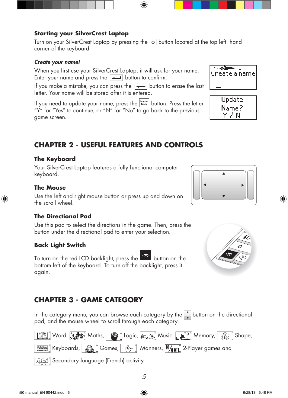 Chapter 2 - useful features and controls, Chapter 3 - game category | Silvercrest M574 User Manual | Page 7 / 15