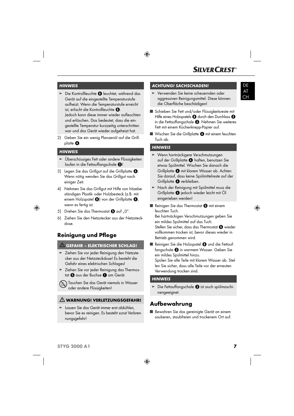 Reinigung und pﬂ ege, Aufbewahrung | Silvercrest STYG 2000 A1 User Manual | Page 10 / 43