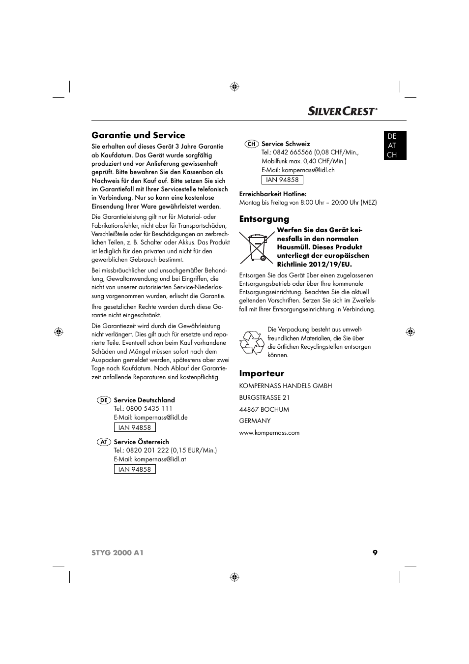 Garantie und service, Entsorgung, Importeur | Silvercrest STYG 2000 A1 User Manual | Page 12 / 43