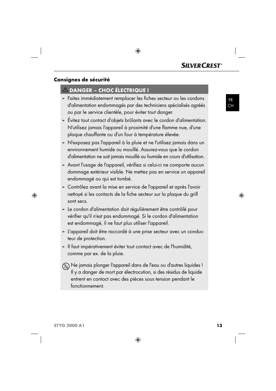 Consignes de sécurité danger – choc électrique | Silvercrest STYG 2000 A1 User Manual | Page 16 / 43