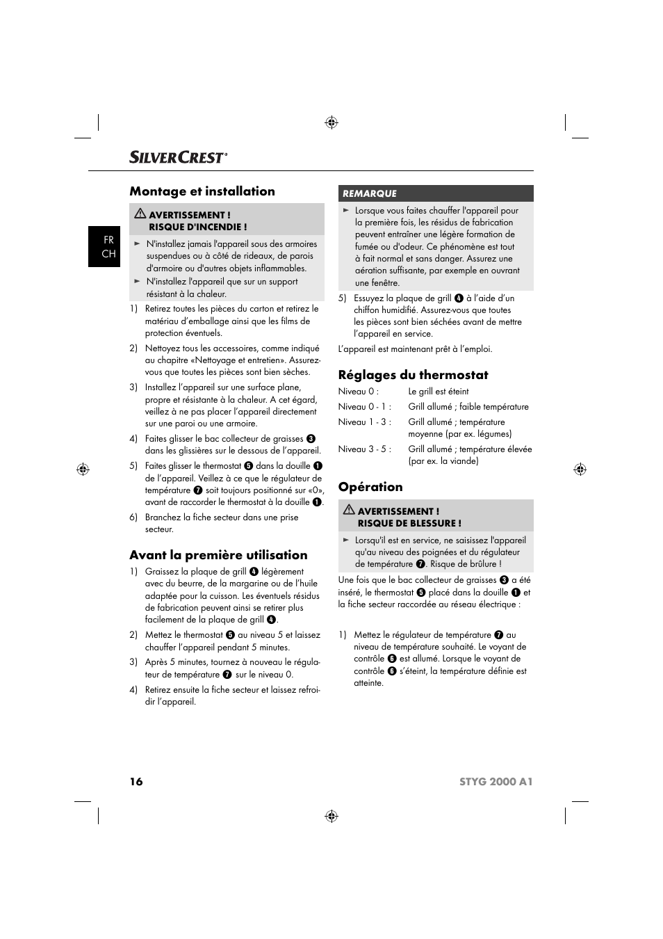 Montage et installation, Avant la première utilisation, Réglages du thermostat | Opération | Silvercrest STYG 2000 A1 User Manual | Page 19 / 43