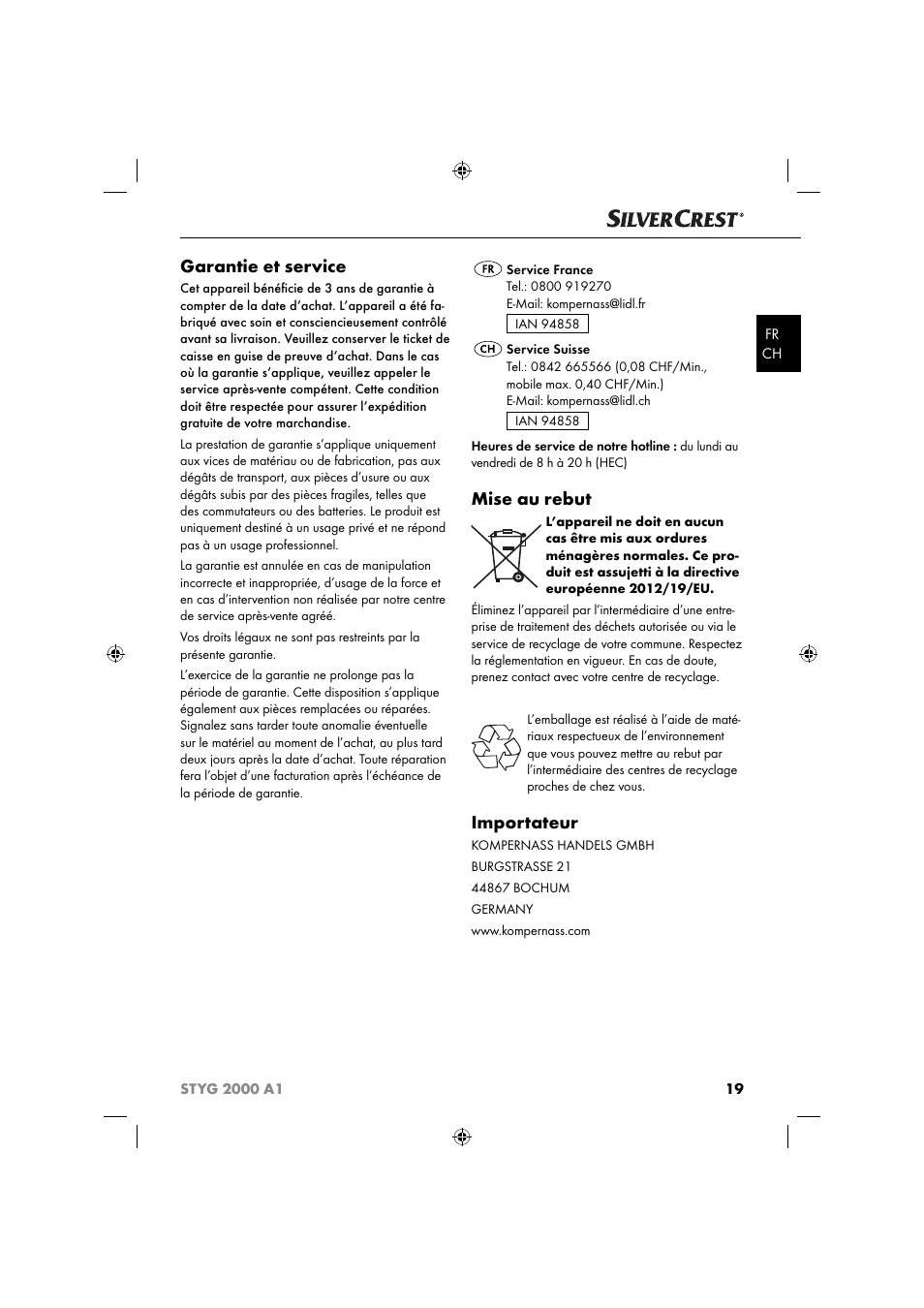 Garantie et service, Mise au rebut, Importateur | Silvercrest STYG 2000 A1 User Manual | Page 22 / 43