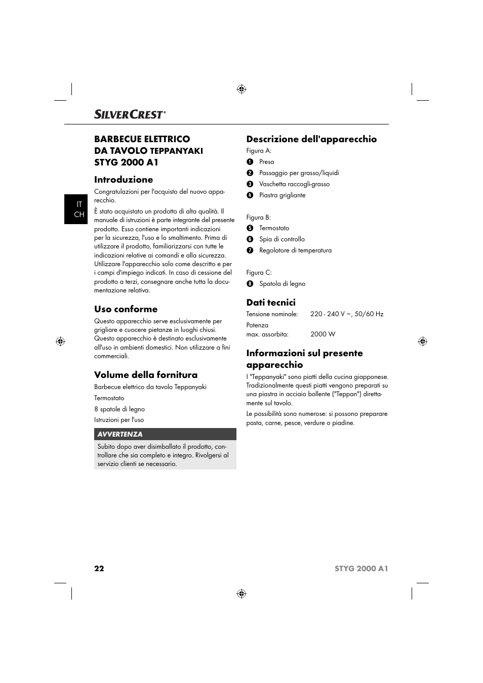 Barbecue elettrico da tavolo, Uso conforme, Volume della fornitura | Descrizione dell'apparecchio, Dati tecnici, Informazioni sul presente apparecchio, Teppanyaki | Silvercrest STYG 2000 A1 User Manual | Page 25 / 43
