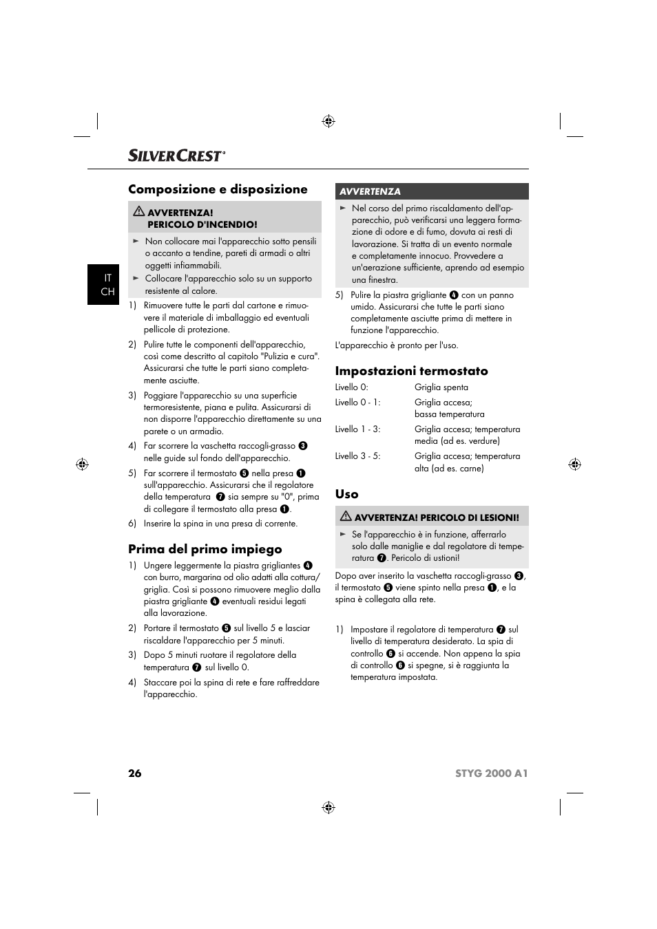 Composizione e disposizione, Prima del primo impiego, Impostazioni termostato | Silvercrest STYG 2000 A1 User Manual | Page 29 / 43