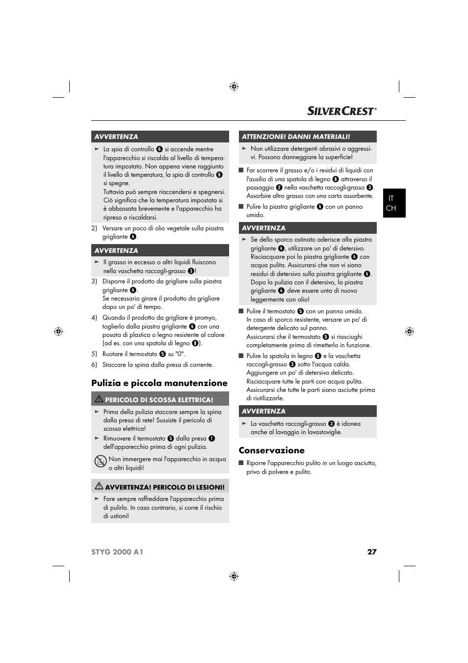 Pulizia e piccola manutenzione, Conservazione | Silvercrest STYG 2000 A1 User Manual | Page 30 / 43
