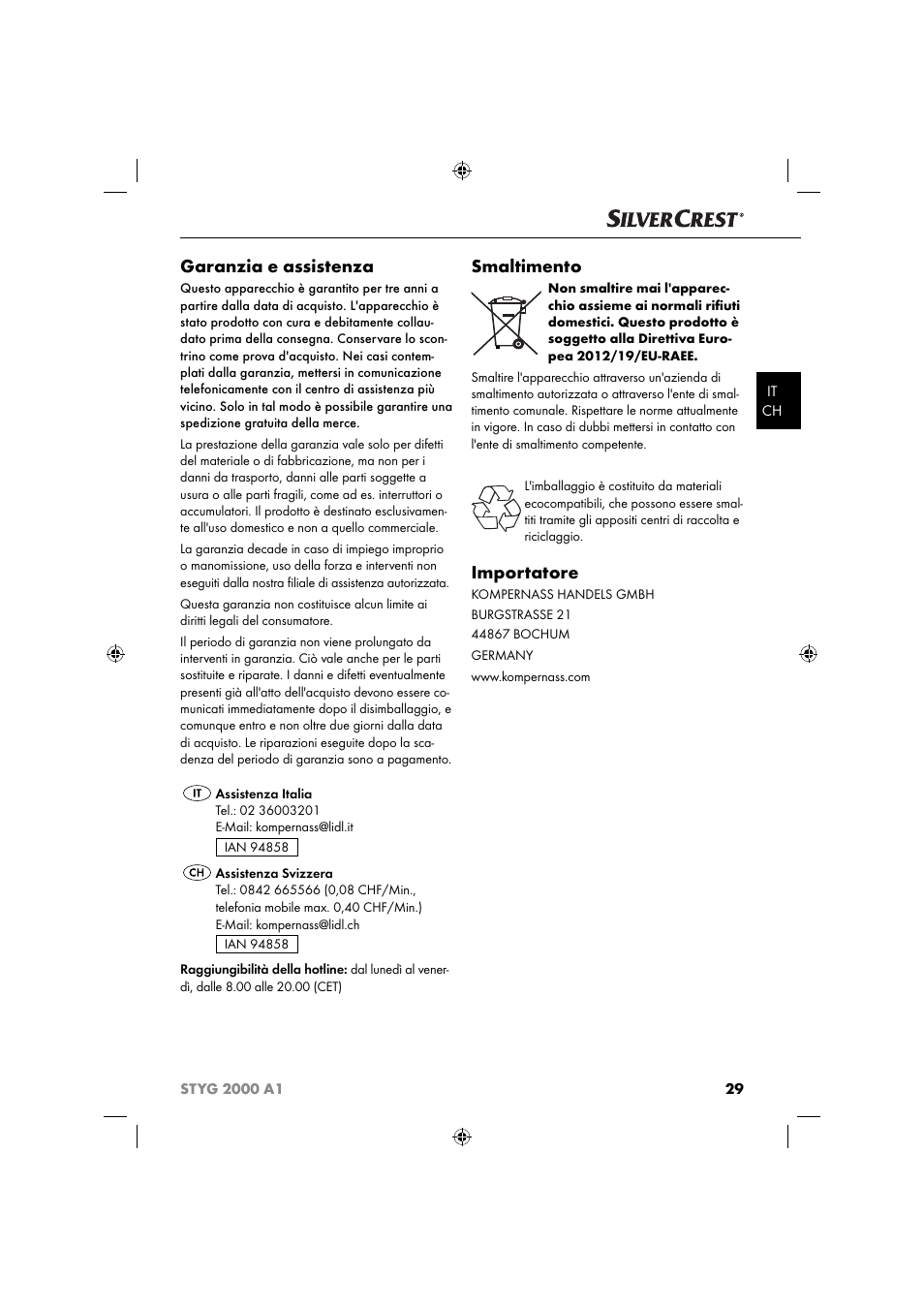 Garanzia e assistenza, Smaltimento, Importatore | Silvercrest STYG 2000 A1 User Manual | Page 32 / 43