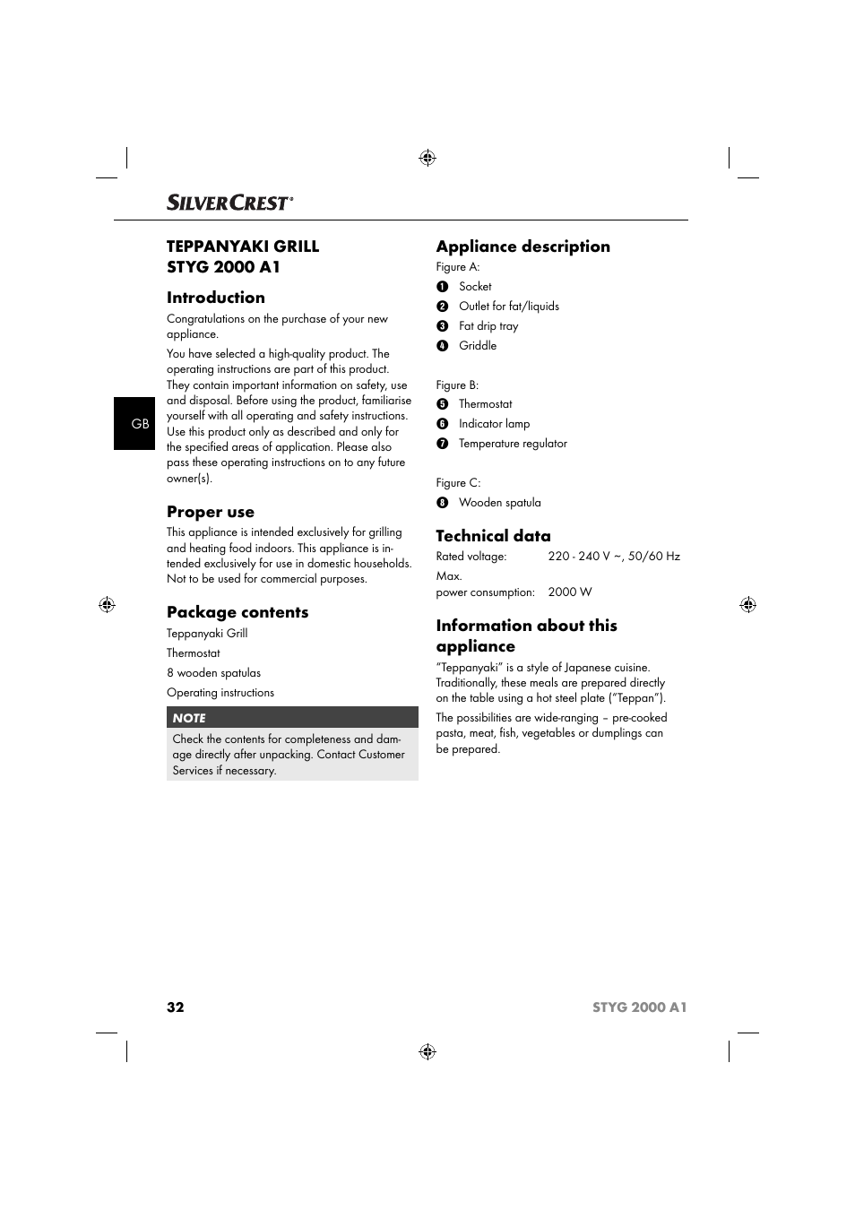 Proper use, Package contents, Appliance description | Technical data, Information about this appliance | Silvercrest STYG 2000 A1 User Manual | Page 35 / 43