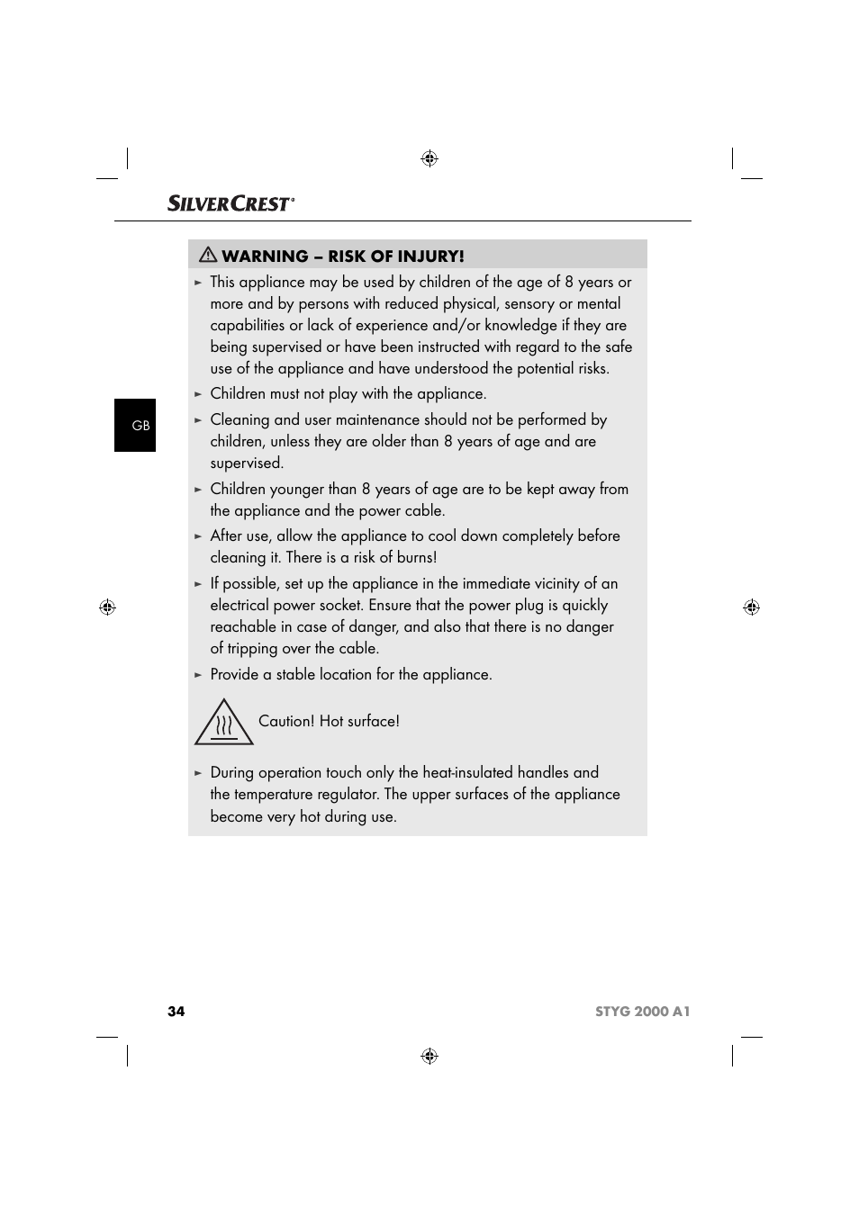 Warning – risk of injury, Children must not play with the appliance | Silvercrest STYG 2000 A1 User Manual | Page 37 / 43
