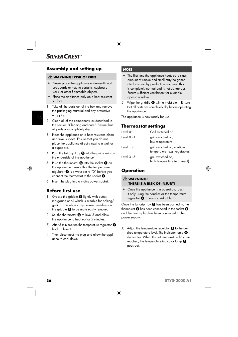Assembly and setting up, Before ﬁ rst use, Thermostat settings | Operation | Silvercrest STYG 2000 A1 User Manual | Page 39 / 43