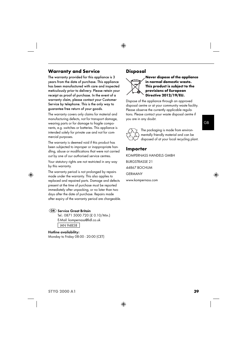 Warranty and service, Disposal, Importer | Silvercrest STYG 2000 A1 User Manual | Page 42 / 43