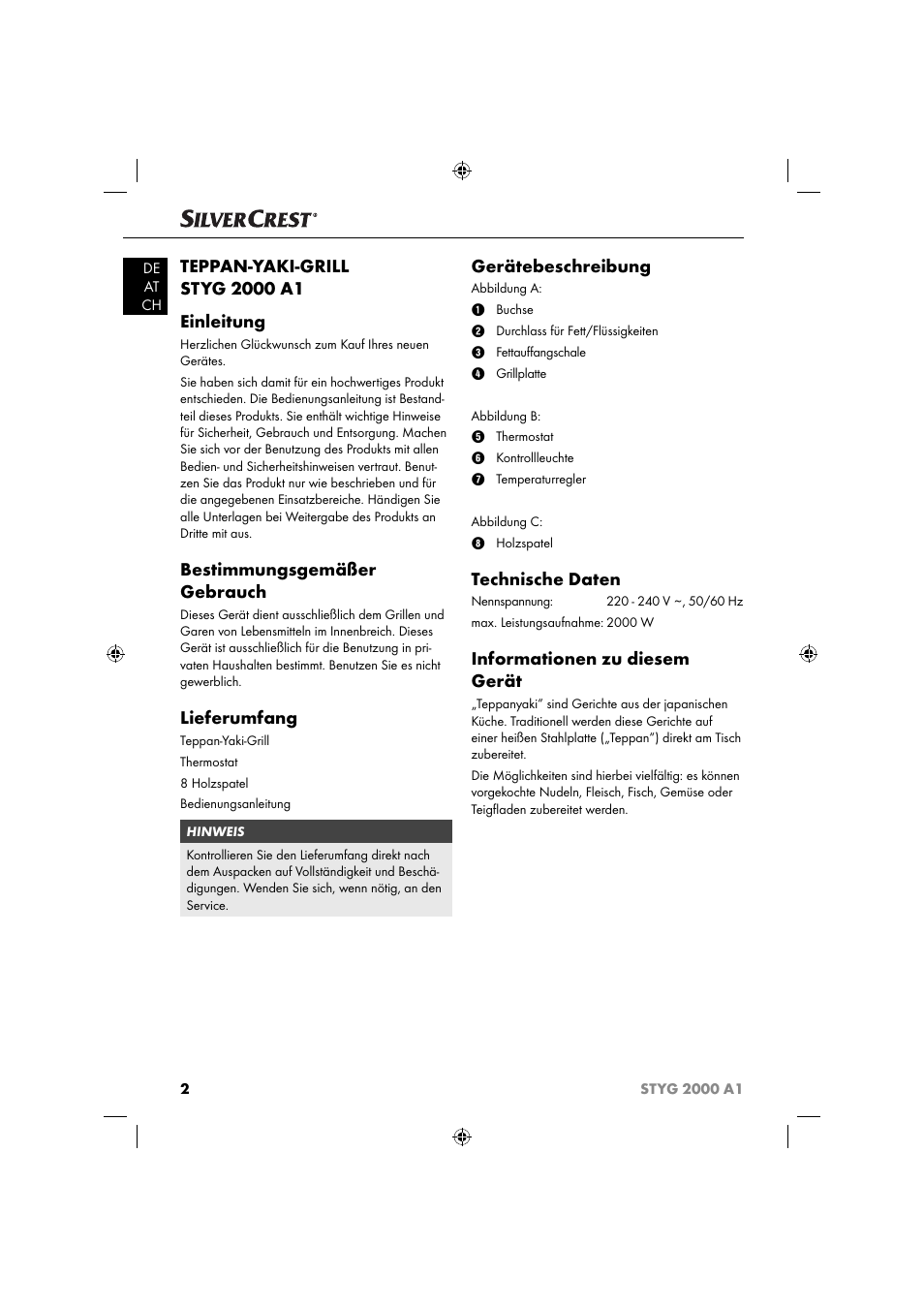 Bestimmungsgemäßer gebrauch, Lieferumfang, Gerätebeschreibung | Technische daten, Informationen zu diesem gerät | Silvercrest STYG 2000 A1 User Manual | Page 5 / 43