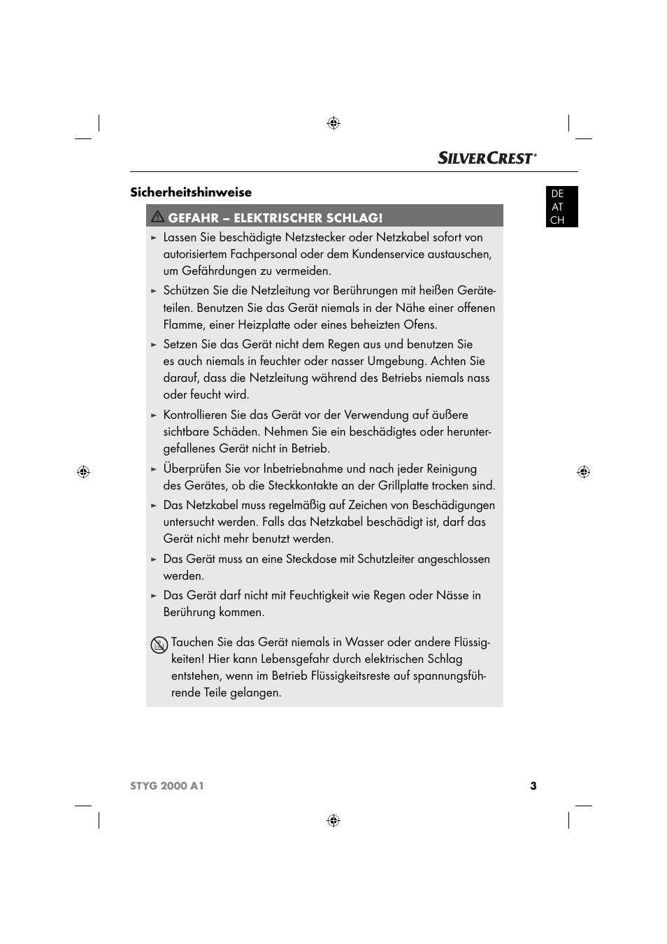 Sicherheitshinweise gefahr – elektrischer schlag | Silvercrest STYG 2000 A1 User Manual | Page 6 / 43