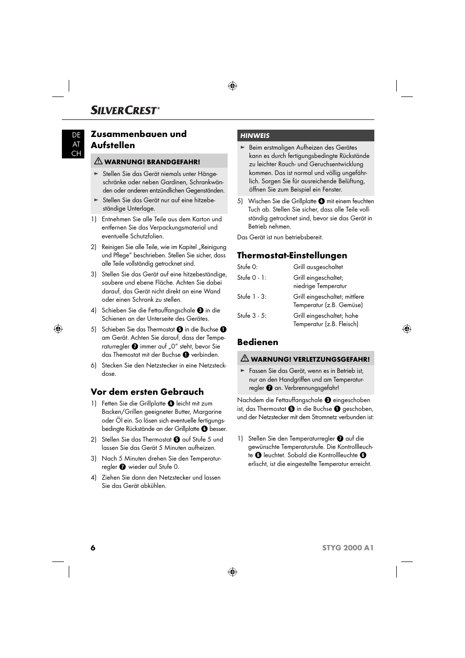 Zusammenbauen und aufstellen, Vor dem ersten gebrauch, Thermostat-einstellungen | Bedienen | Silvercrest STYG 2000 A1 User Manual | Page 9 / 43