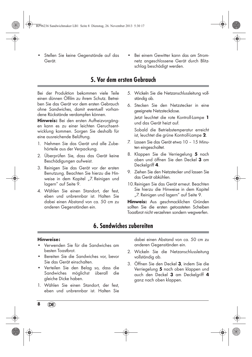 Vor dem ersten gebrauch, Sandwiches zubereiten | Silvercrest SSWMD 750 A1 User Manual | Page 10 / 58