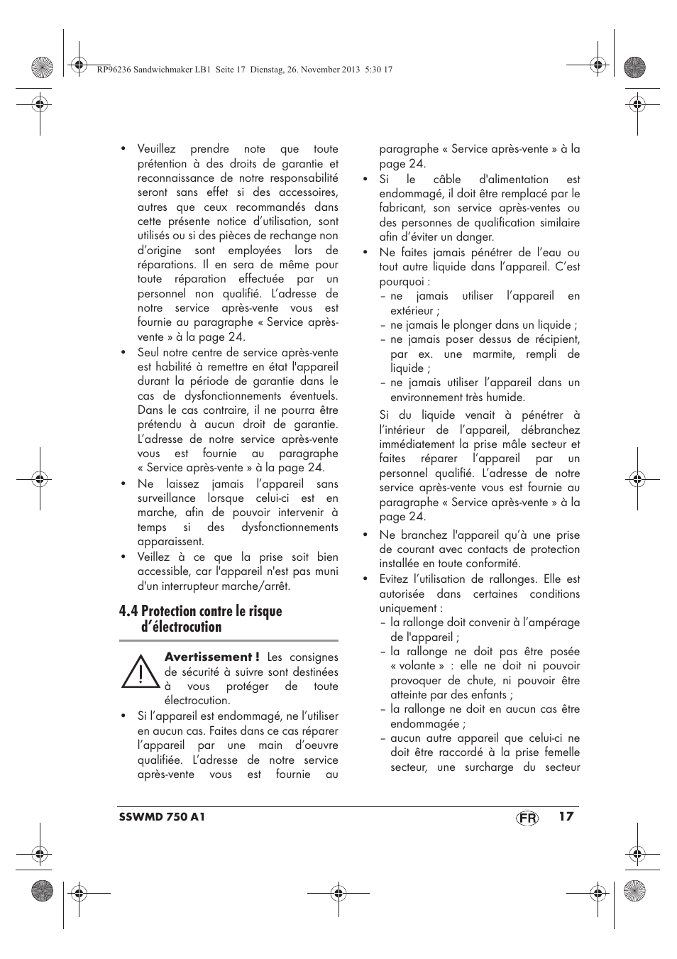4 protection contre le risque d’électrocution | Silvercrest SSWMD 750 A1 User Manual | Page 19 / 58