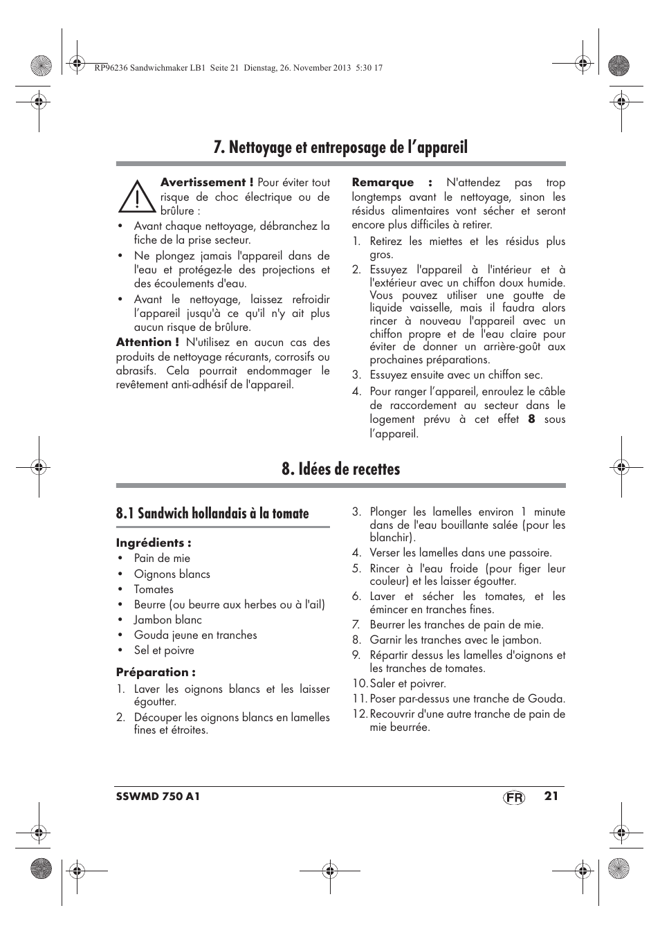 Nettoyage et entreposage de l’appareil, Idées de recettes, 1 sandwich hollandais à la tomate | Silvercrest SSWMD 750 A1 User Manual | Page 23 / 58