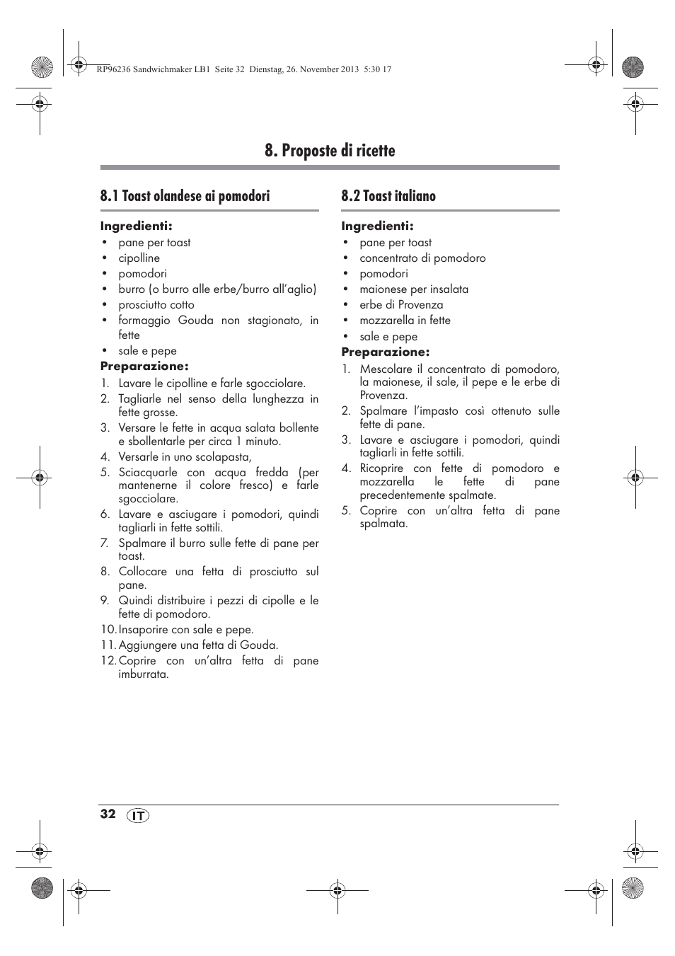 Proposte di ricette, 1 toast olandese ai pomodori, 2 toast italiano | Silvercrest SSWMD 750 A1 User Manual | Page 34 / 58