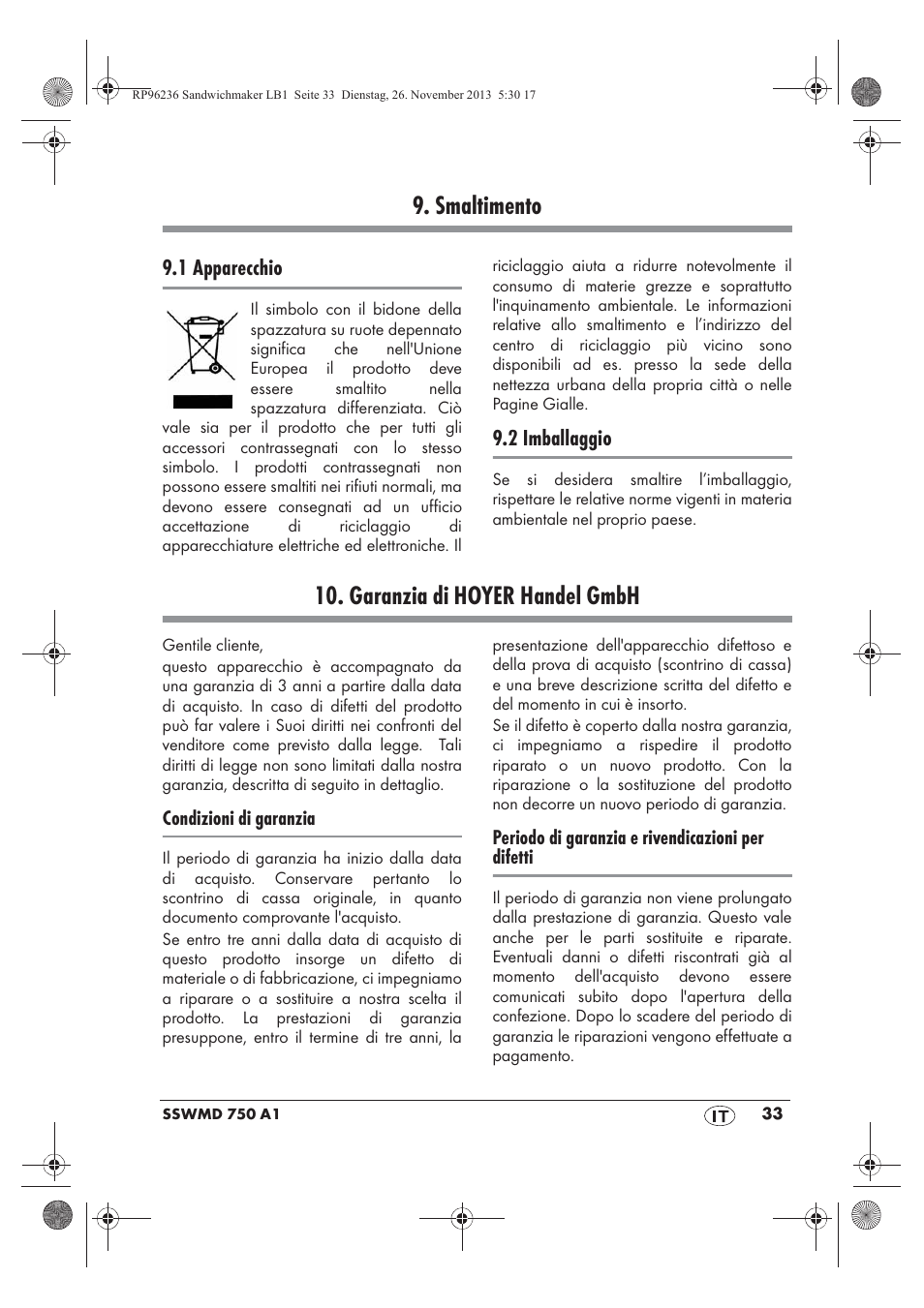 Smaltimento, Garanzia di hoyer handel gmbh | Silvercrest SSWMD 750 A1 User Manual | Page 35 / 58