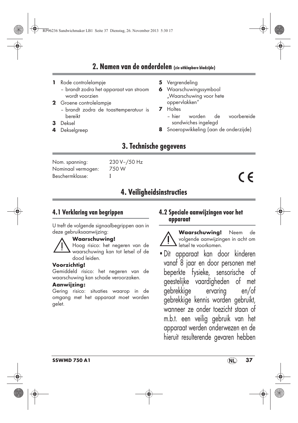 Namen van de onderdelen, Technische gegevens, Veiligheidsinstructies | 1 verklaring van begrippen, 2 speciale aanwijzingen voor het apparaat | Silvercrest SSWMD 750 A1 User Manual | Page 39 / 58