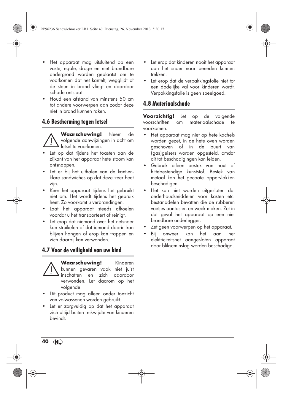 6 bescherming tegen letsel, 7 voor de veiligheid van uw kind, 8 materiaalschade | Silvercrest SSWMD 750 A1 User Manual | Page 42 / 58