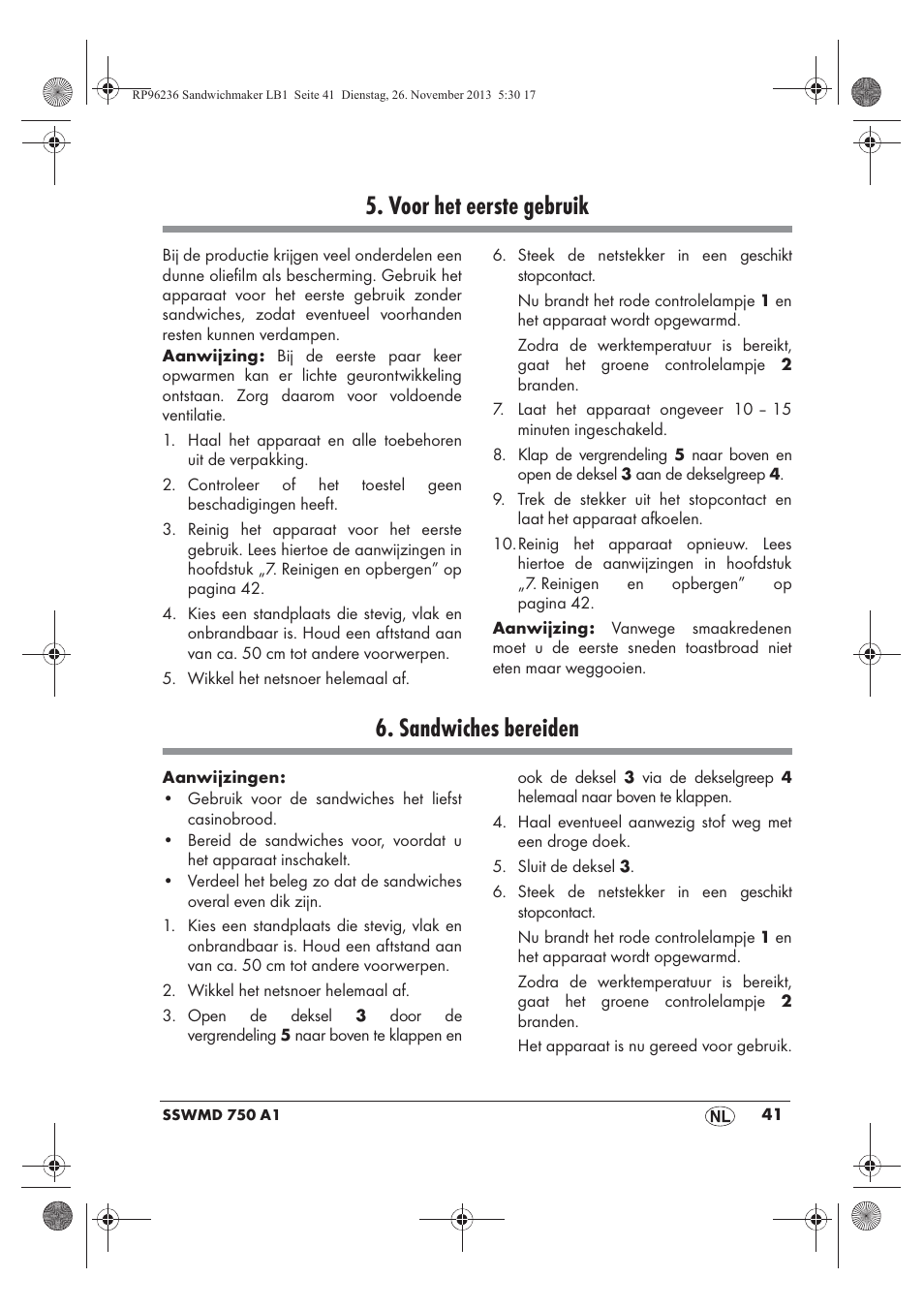 Voor het eerste gebruik, Sandwiches bereiden | Silvercrest SSWMD 750 A1 User Manual | Page 43 / 58