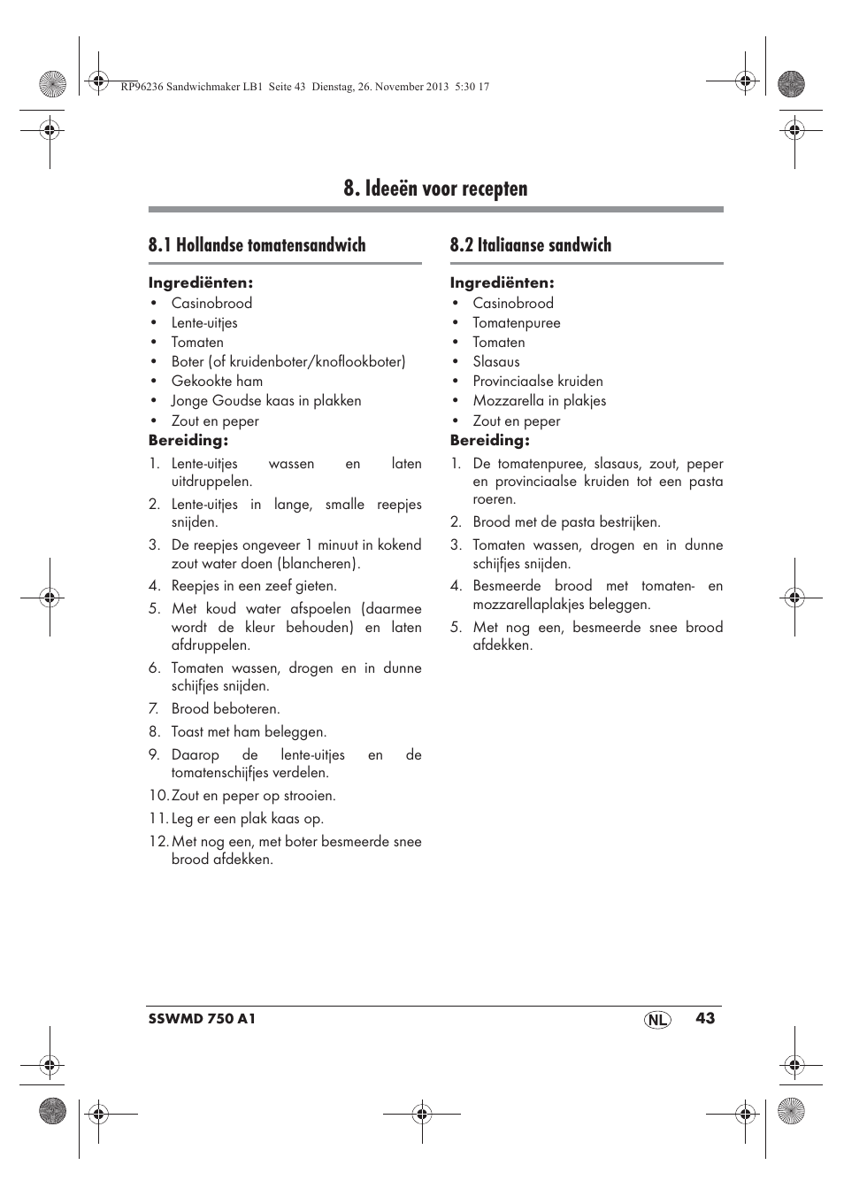 Ideeën voor recepten, 1 hollandse tomatensandwich, 2 italiaanse sandwich | Silvercrest SSWMD 750 A1 User Manual | Page 45 / 58