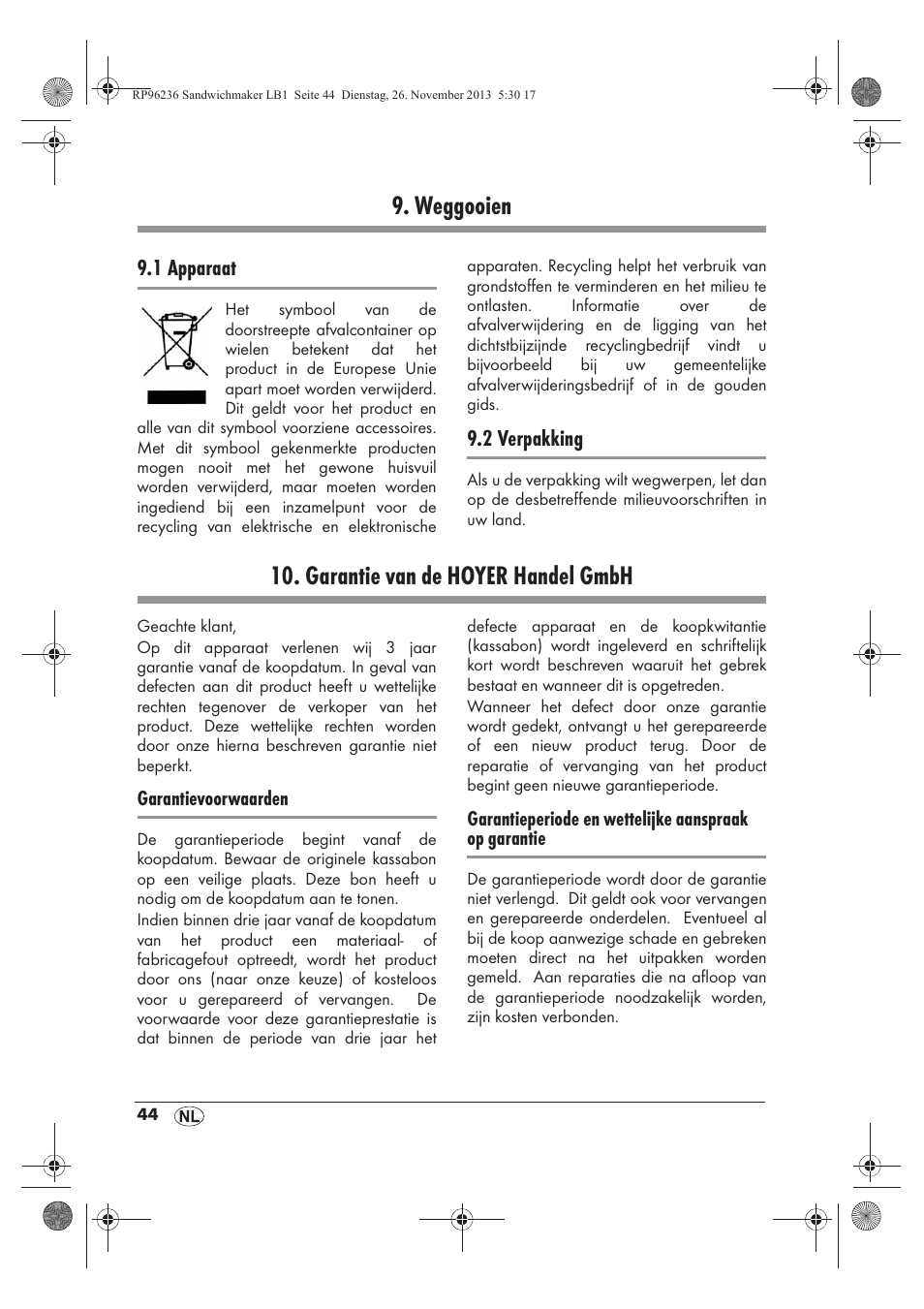 Weggooien, Garantie van de hoyer handel gmbh | Silvercrest SSWMD 750 A1 User Manual | Page 46 / 58