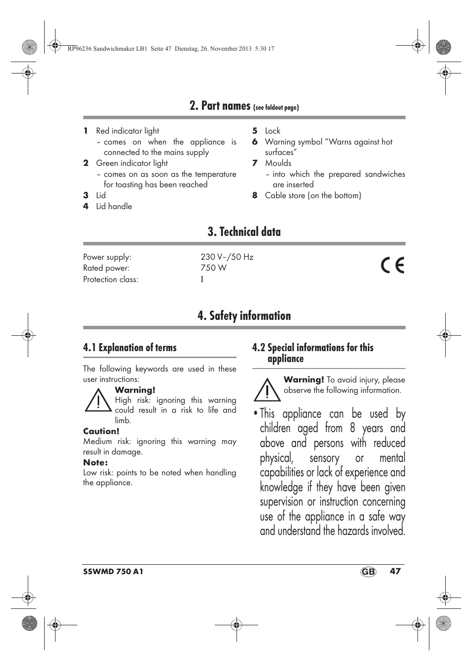 Part names, Technical data, Safety information | 1 explanation of terms, 2 special informations for this appliance | Silvercrest SSWMD 750 A1 User Manual | Page 49 / 58