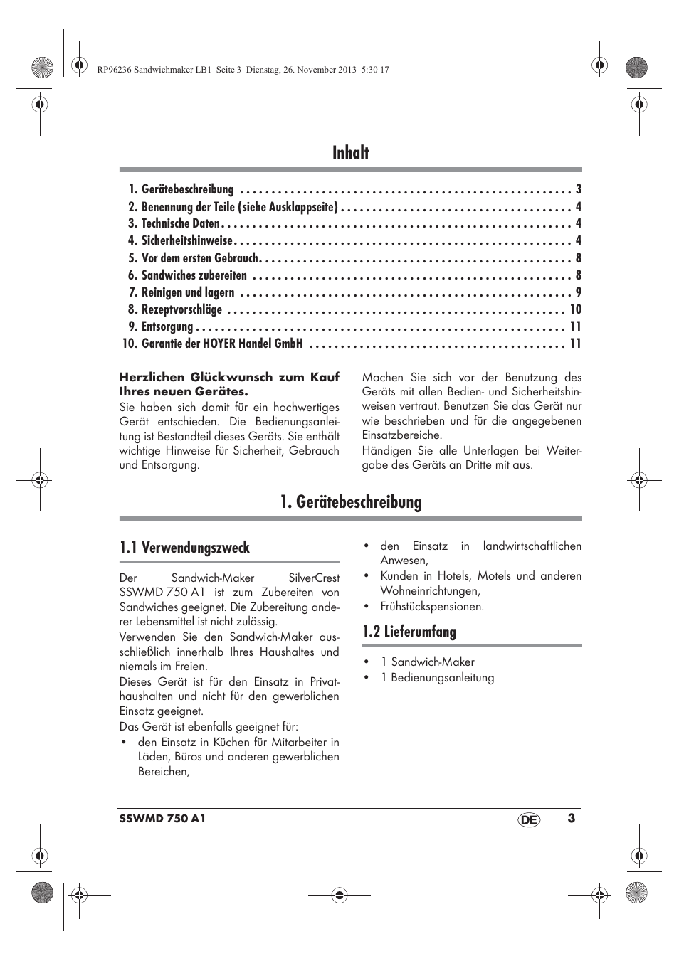 Inhalt, Gerätebeschreibung, 1 verwendungszweck | 2 lieferumfang | Silvercrest SSWMD 750 A1 User Manual | Page 5 / 58