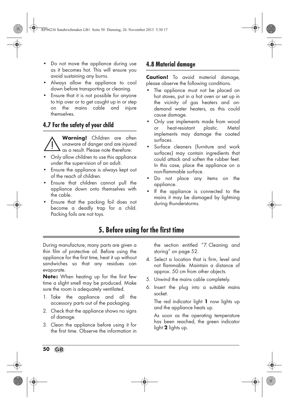 Before using for the first time, 7 for the safety of your child, 8 material damage | Silvercrest SSWMD 750 A1 User Manual | Page 52 / 58