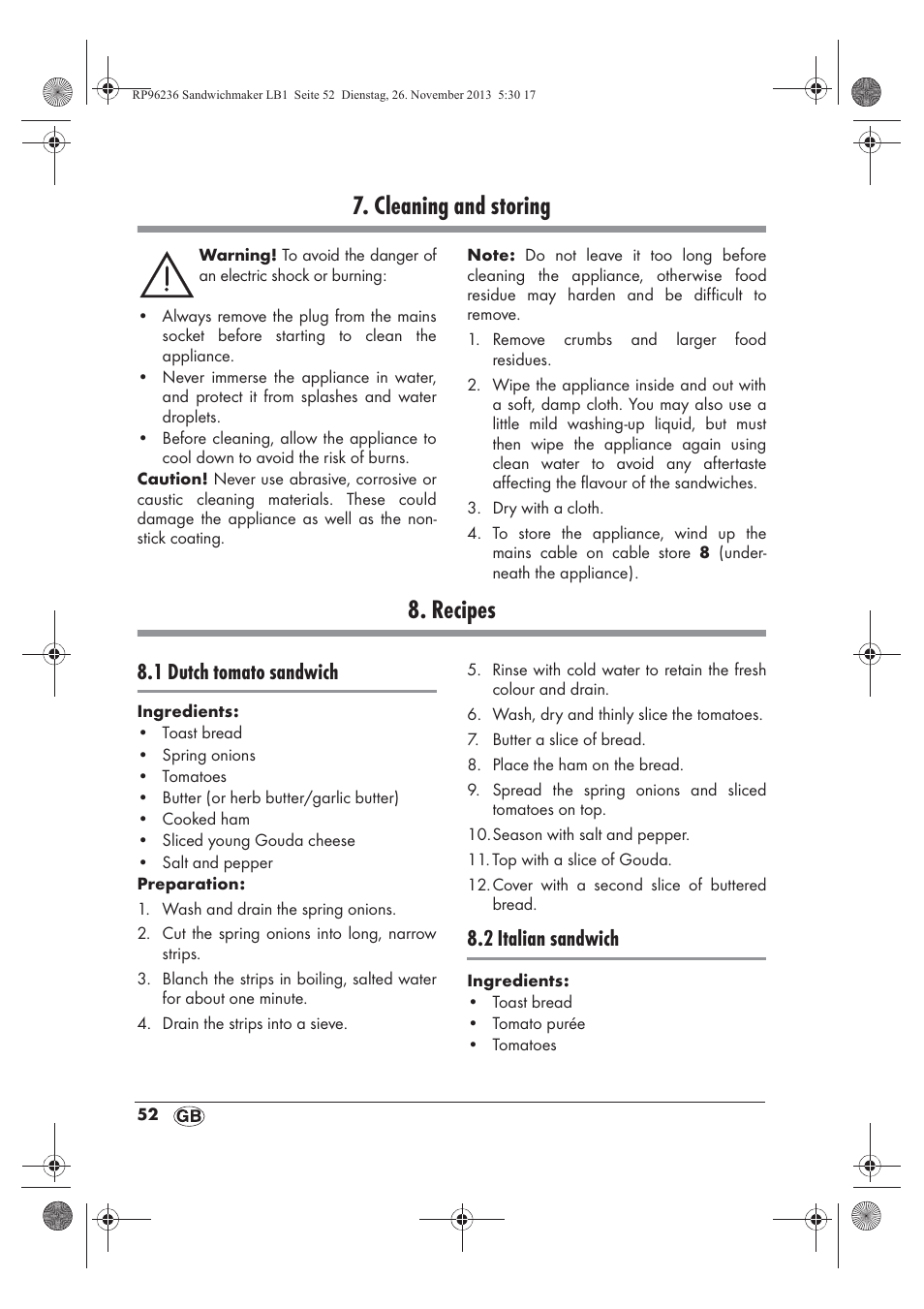 Cleaning and storing, Recipes, 1 dutch tomato sandwich | 2 italian sandwich | Silvercrest SSWMD 750 A1 User Manual | Page 54 / 58