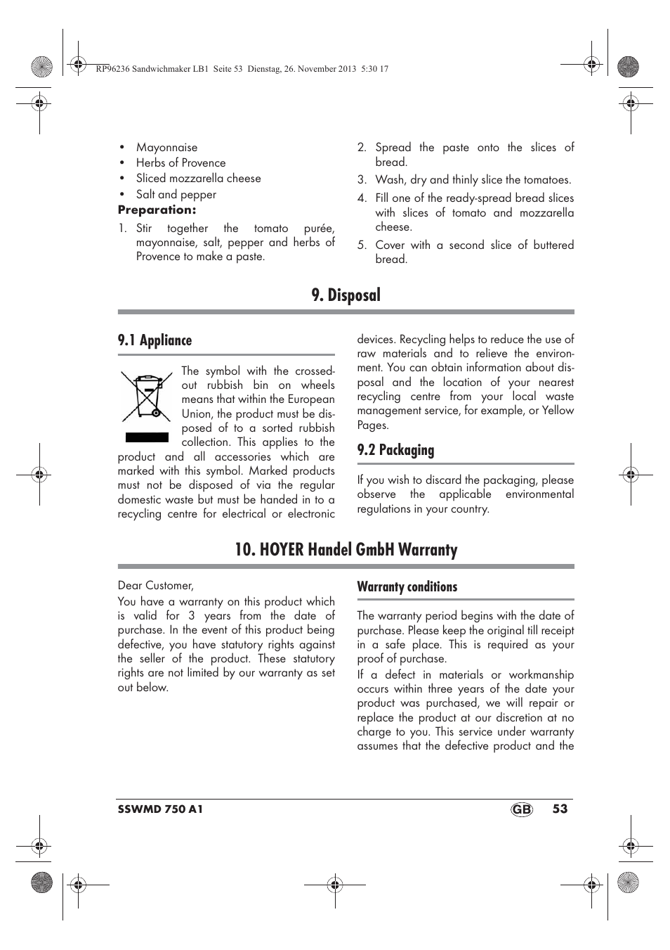 Disposal, Hoyer handel gmbh warranty, 1 appliance | 2 packaging | Silvercrest SSWMD 750 A1 User Manual | Page 55 / 58
