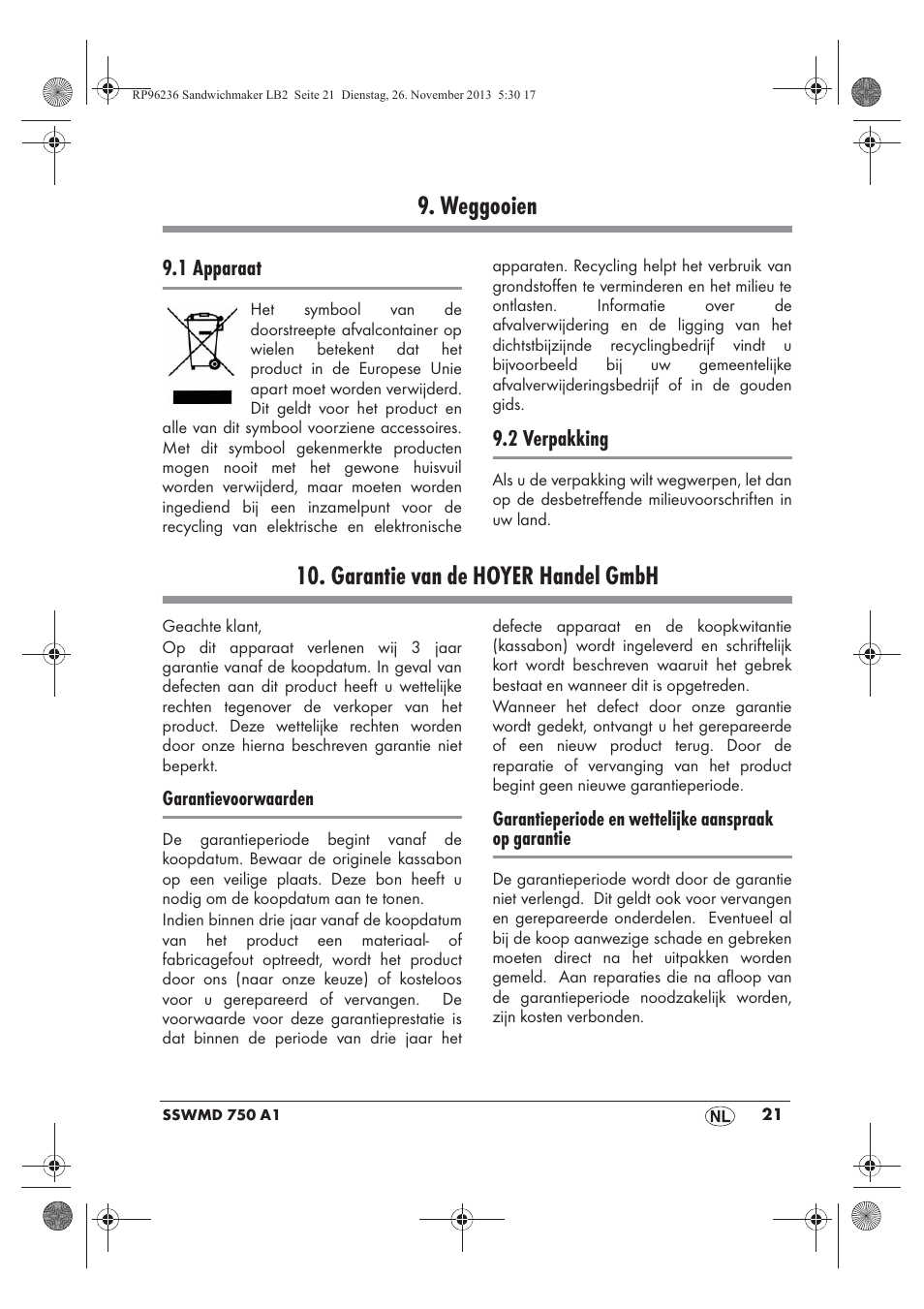 Weggooien, Garantie van de hoyer handel gmbh | Silvercrest SSWMD 750 A1 User Manual | Page 23 / 46