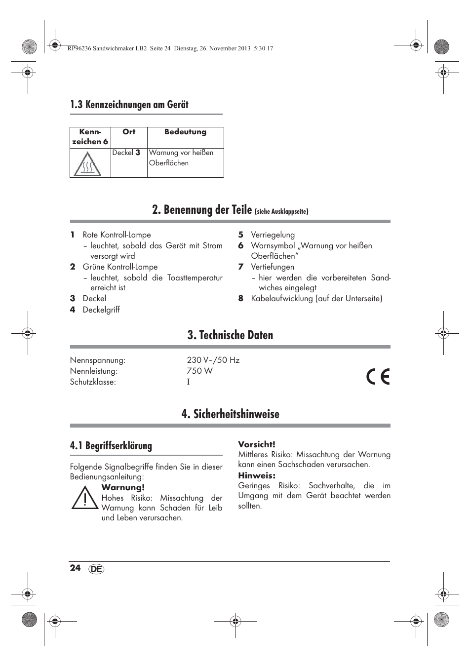 Benennung der teile, Technische daten, Sicherheitshinweise | 3 kennzeichnungen am gerät, 1 begriffserklärung | Silvercrest SSWMD 750 A1 User Manual | Page 26 / 46