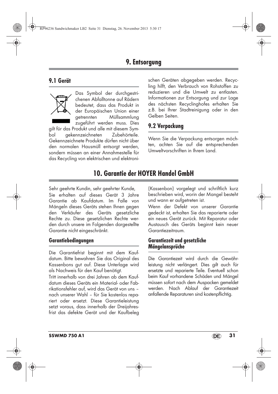 Entsorgung, Garantie der hoyer handel gmbh | Silvercrest SSWMD 750 A1 User Manual | Page 33 / 46