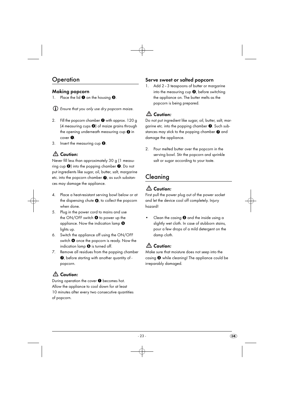 Operation, Cleaning, Making popcorn | Caution, Serve sweet or salted popcorn | Silvercrest SPCM 1200 B1 User Manual | Page 26 / 34