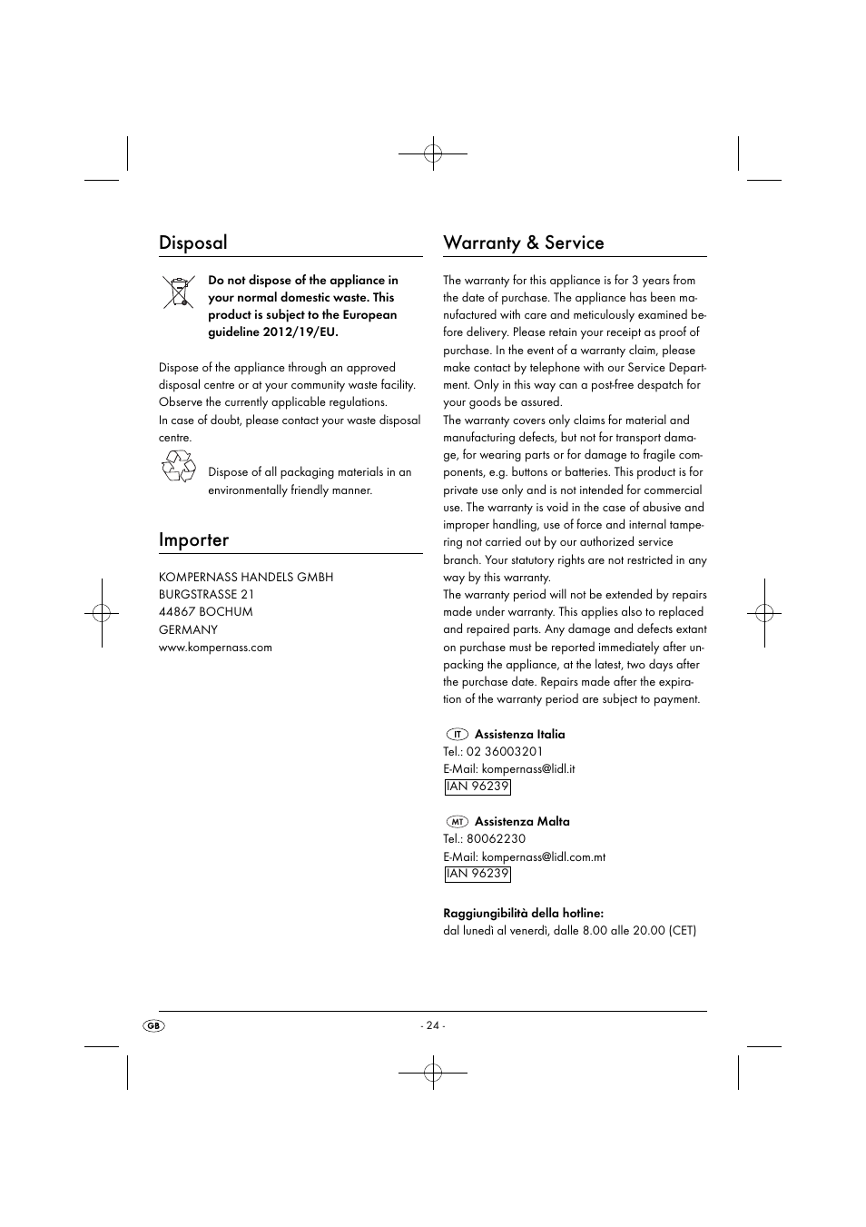 Disposal, Importer, Warranty & service | Silvercrest SPCM 1200 B1 User Manual | Page 27 / 34