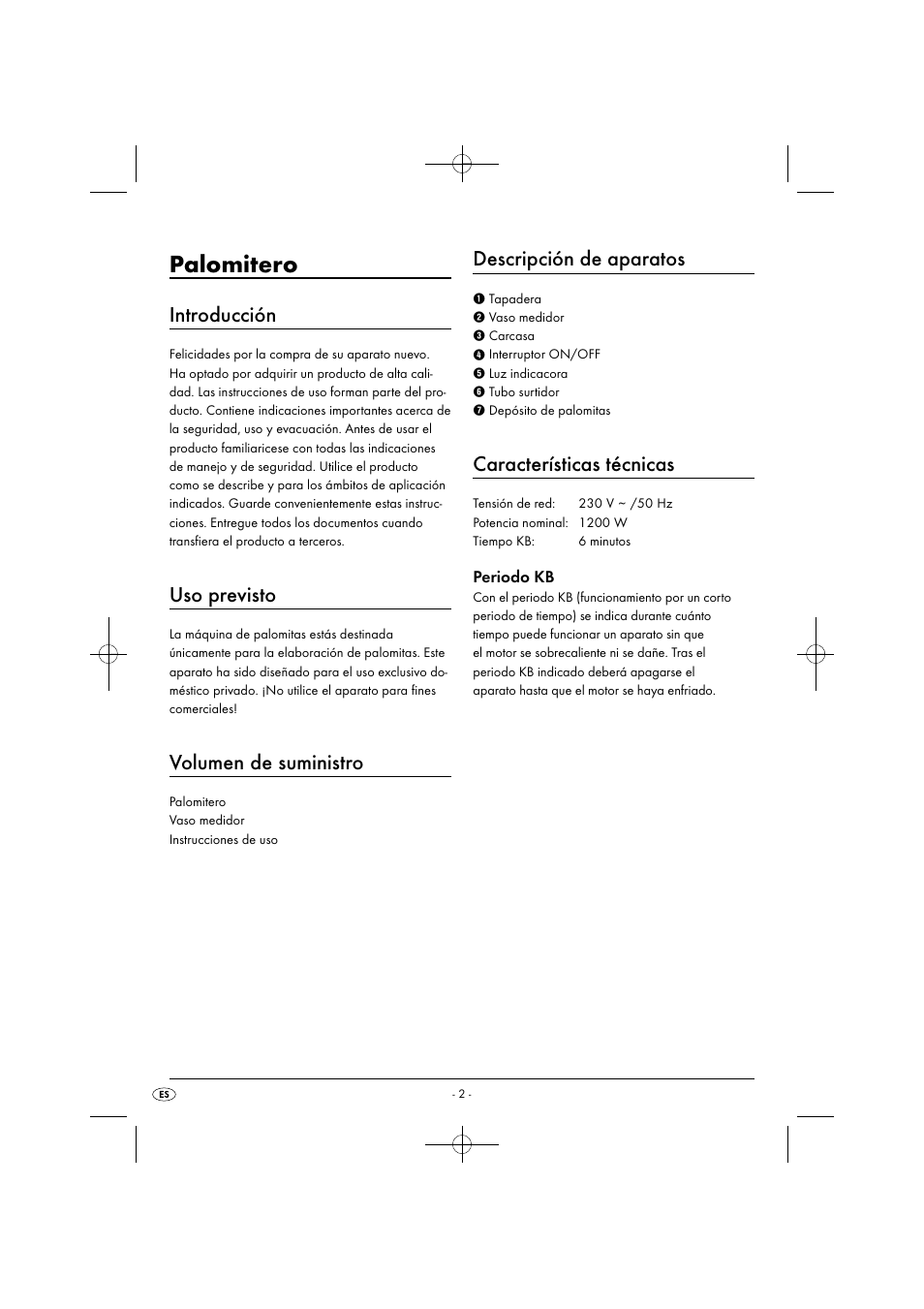 Palomitero, Introducción, Uso previsto | Volumen de suministro, Descripción de aparatos, Características técnicas, Periodo kb | Silvercrest SPCM 1200 B1 User Manual | Page 5 / 34